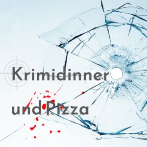 Einschussloch im Glas und der Schriftzug Krimidiner und Pizza